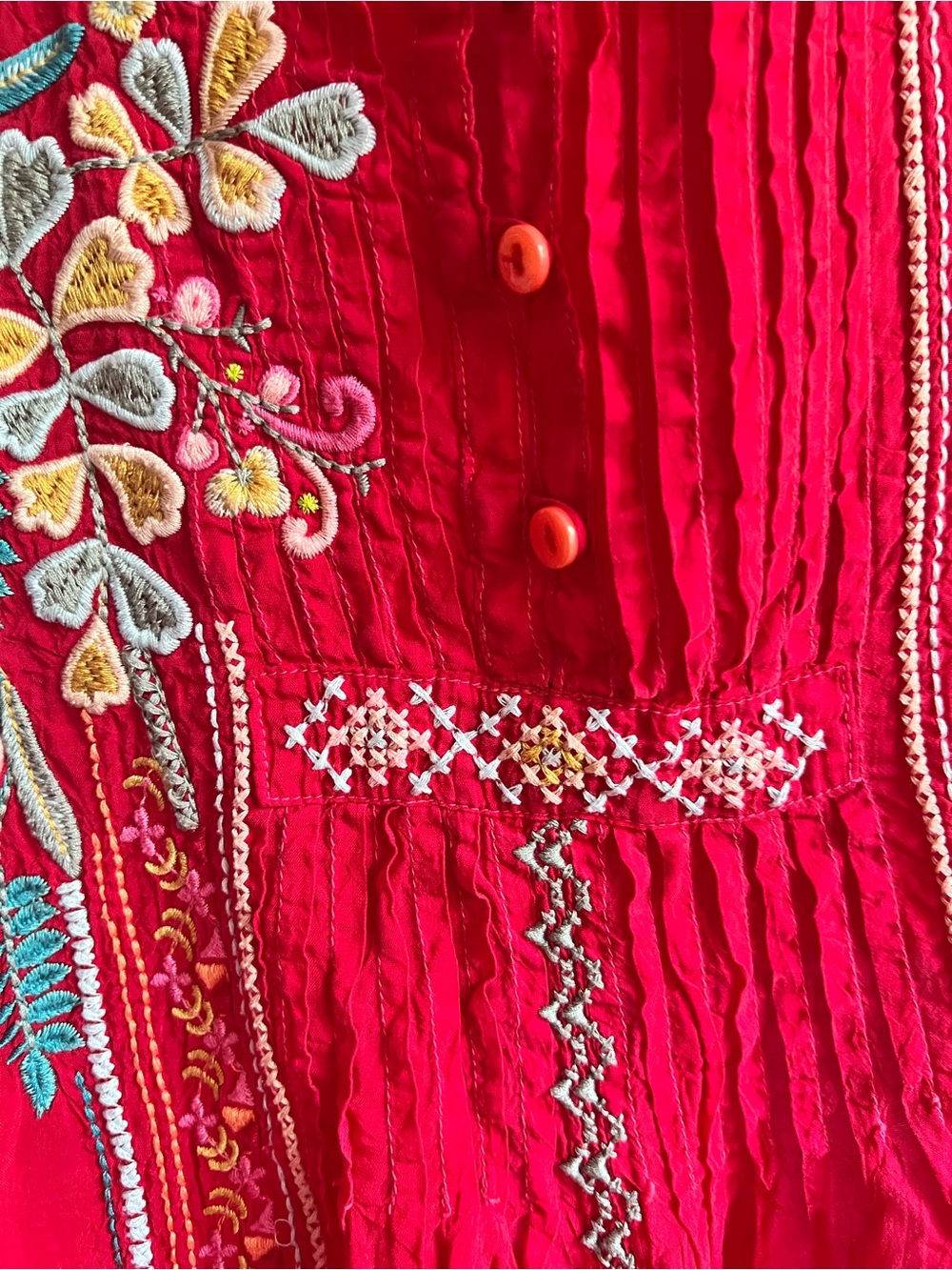 Johnny Was Red Embroidered Button Neck Tunic Blouse - Picture 7 of 13